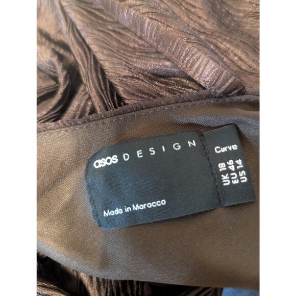 Asos Design Curve One Shoulder Brown Diamond Texture Wrap Midi Dress- Size 14 - Picture 3 of 7